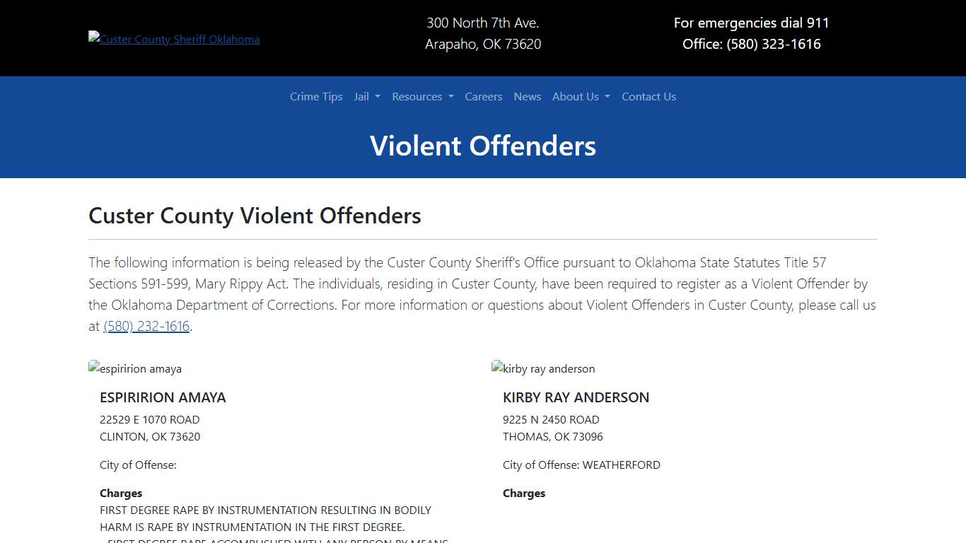 Violent Offenders Custer County Sheriff's Office